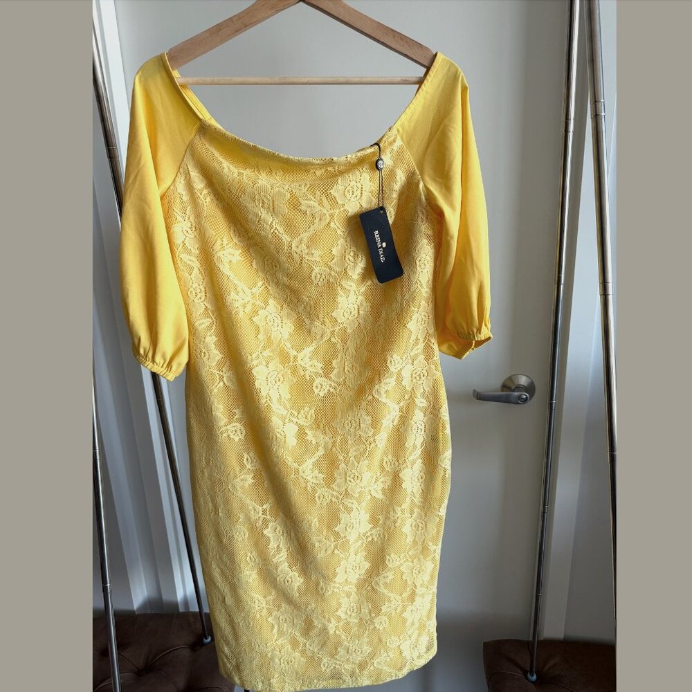 Reina Diaz off-the-shoulder yellow midi dress - NWT (new with tags); size Large